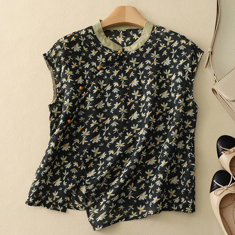 Chloe Floral Blouse for Women – Soft Linen Blend with Asymmetric Cut 2