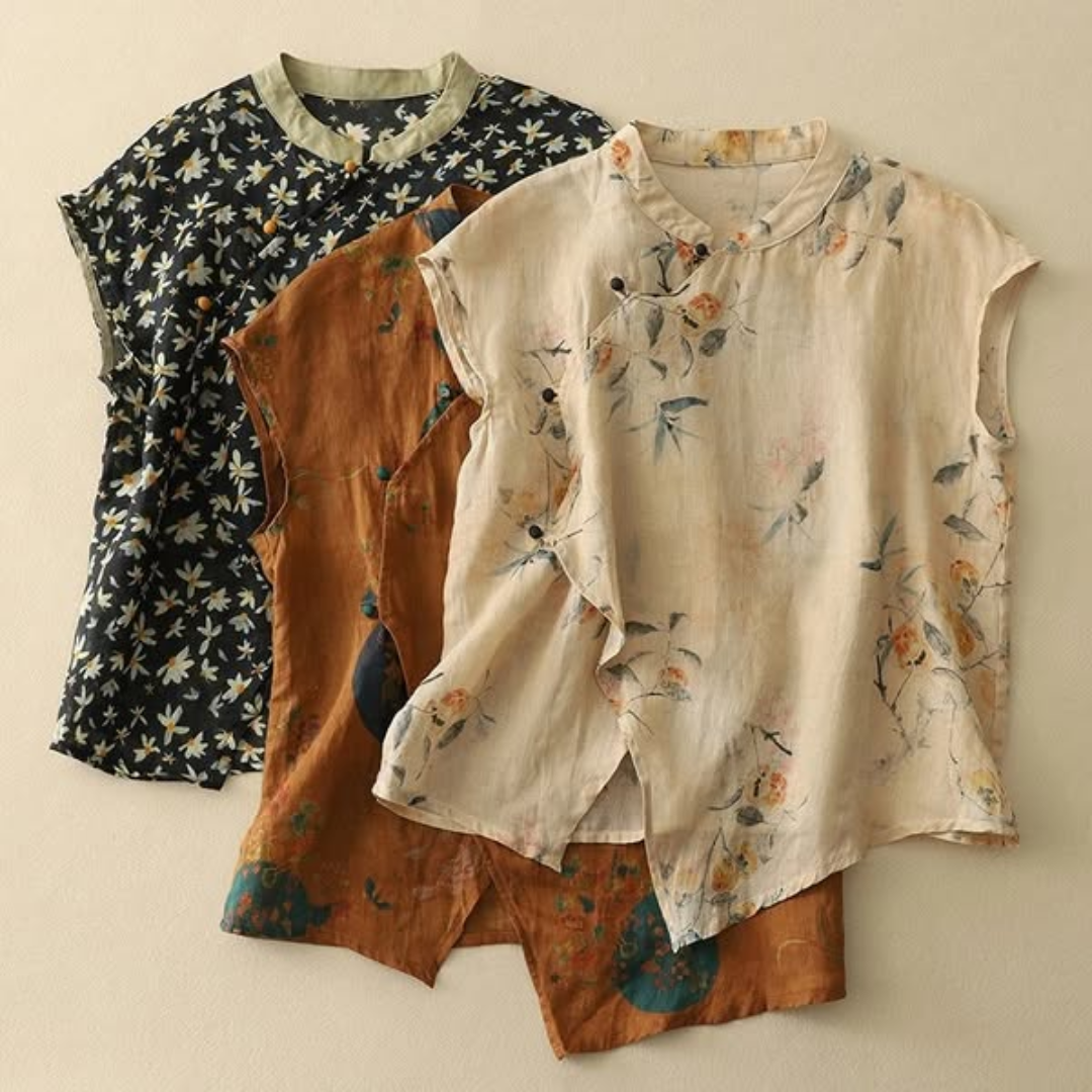 Chloe Floral Blouse for Women – Soft Linen Blend with Asymmetric Cut 3