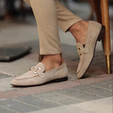 Cognac Suede Loafers for Women – Elegant Gold Accents & Cushioned Comfort 1