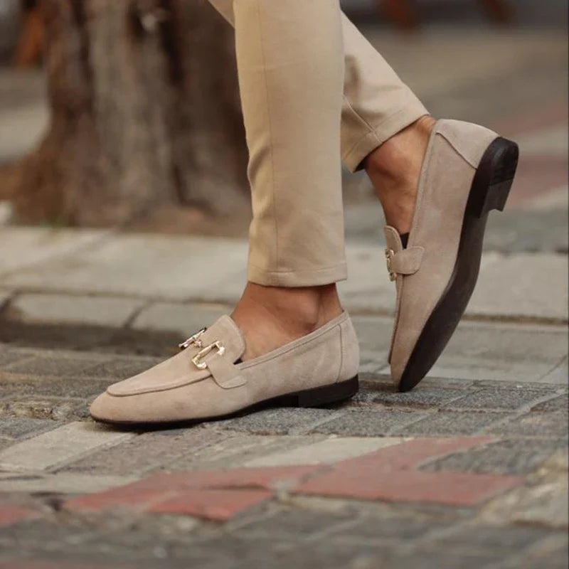 Cognac Suede Loafers for Women – Elegant Gold Accents & Cushioned Comfort 2