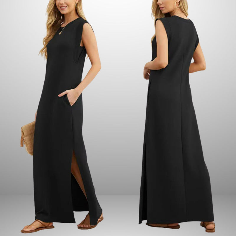 Elena Wrinkle-Free Slit Maxi Dress – Lightweight Summer Dress with Pockets & Flowing Fit
