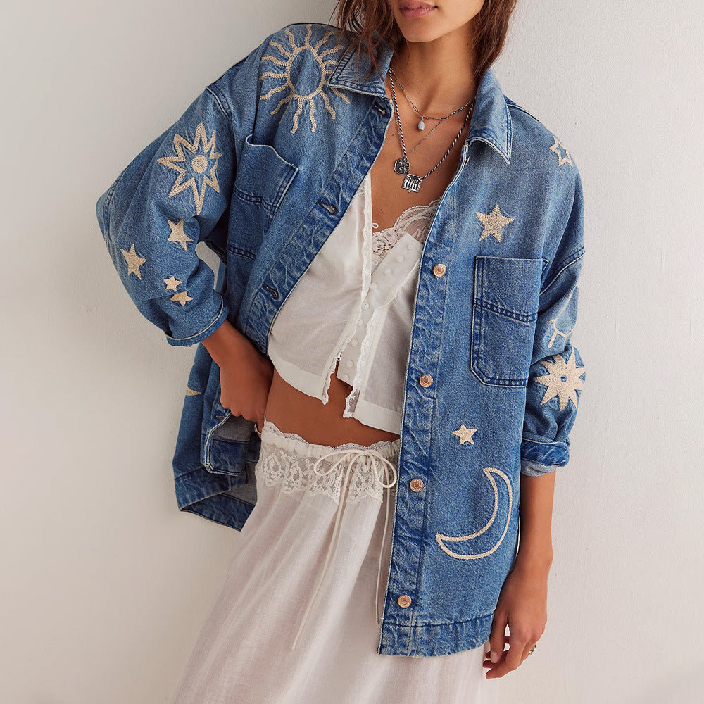 Cosmic Celestial Oversized Denim Jacket – Soft Worn-In Fabric for Stylish Layering 0