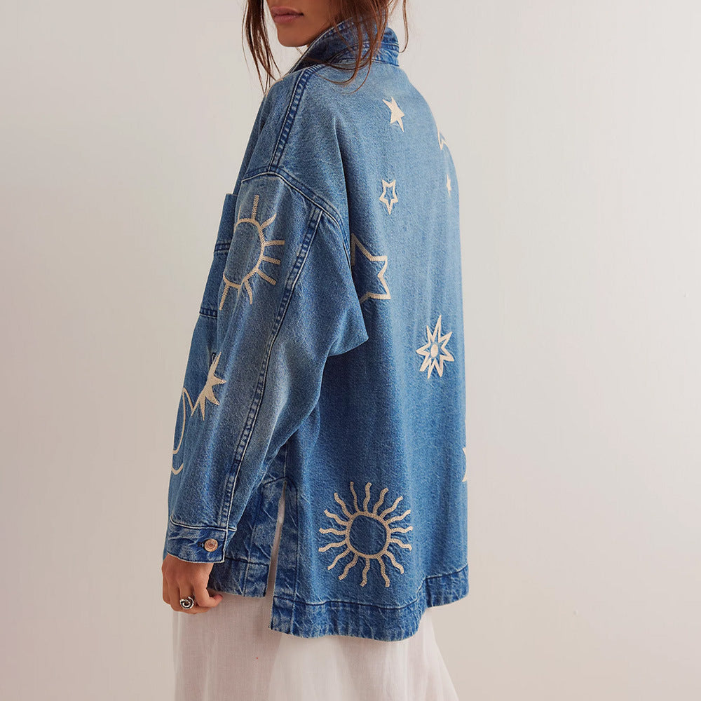 Cosmic Celestial Oversized Denim Jacket – Soft Worn-In Fabric for Stylish Layering 3