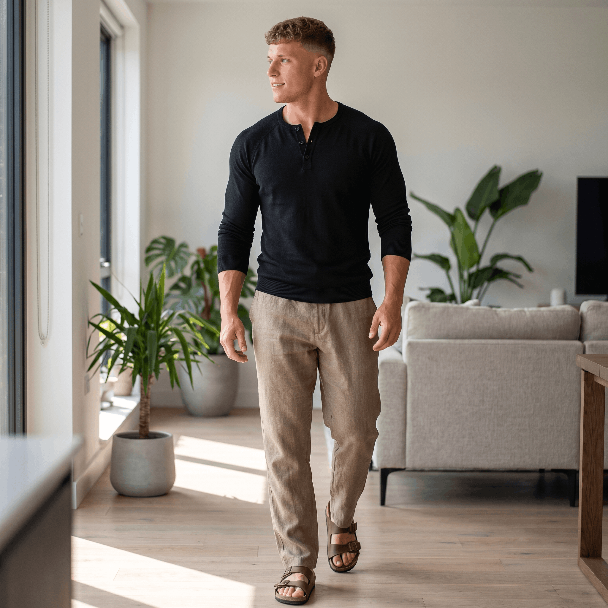Man wearing a black waffle knit Henley sweater with khaki trousers in a bright contemporary home interior.