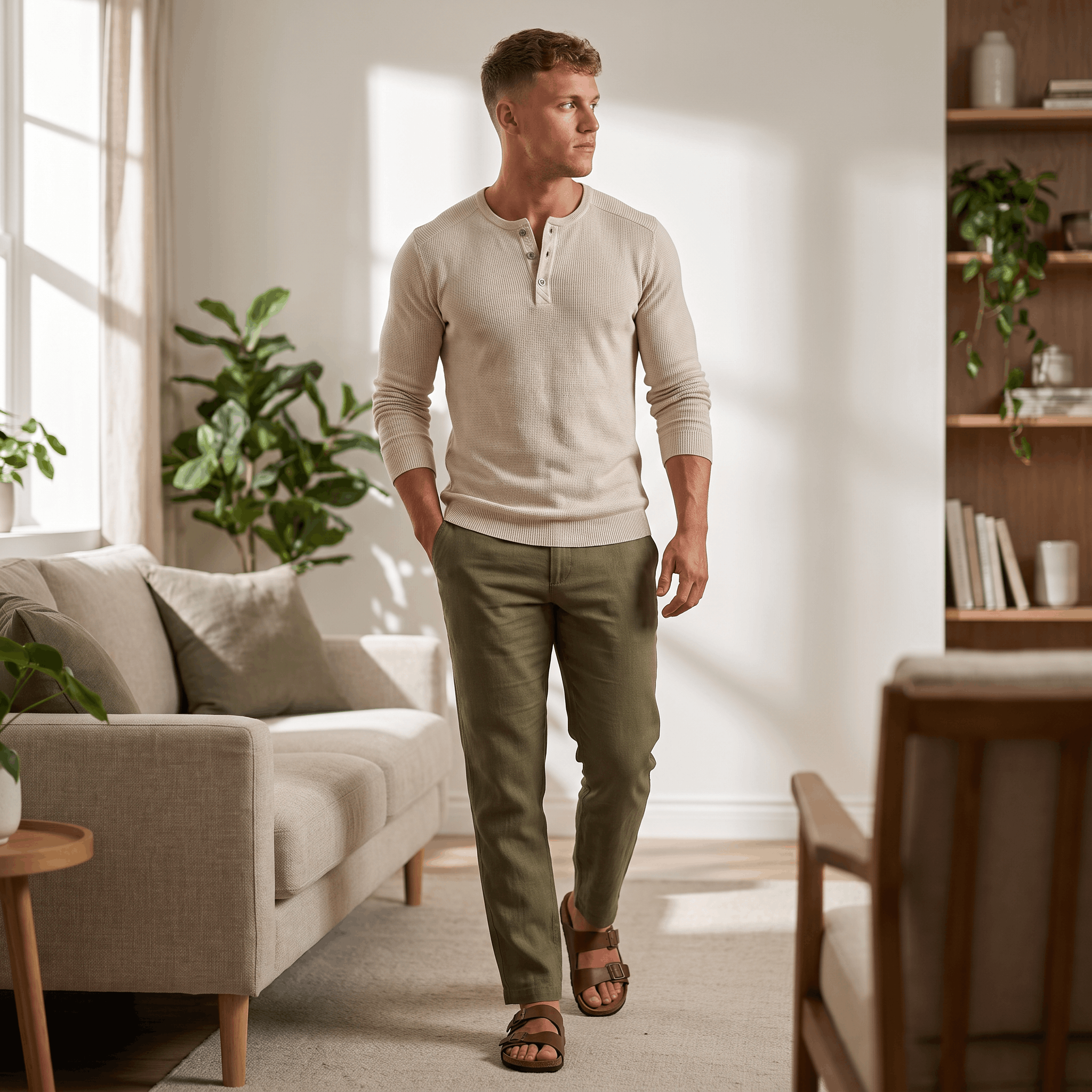 Man wearing a cream waffle knit Henley sweater paired with olive green trousers in a stylish indoor living room.