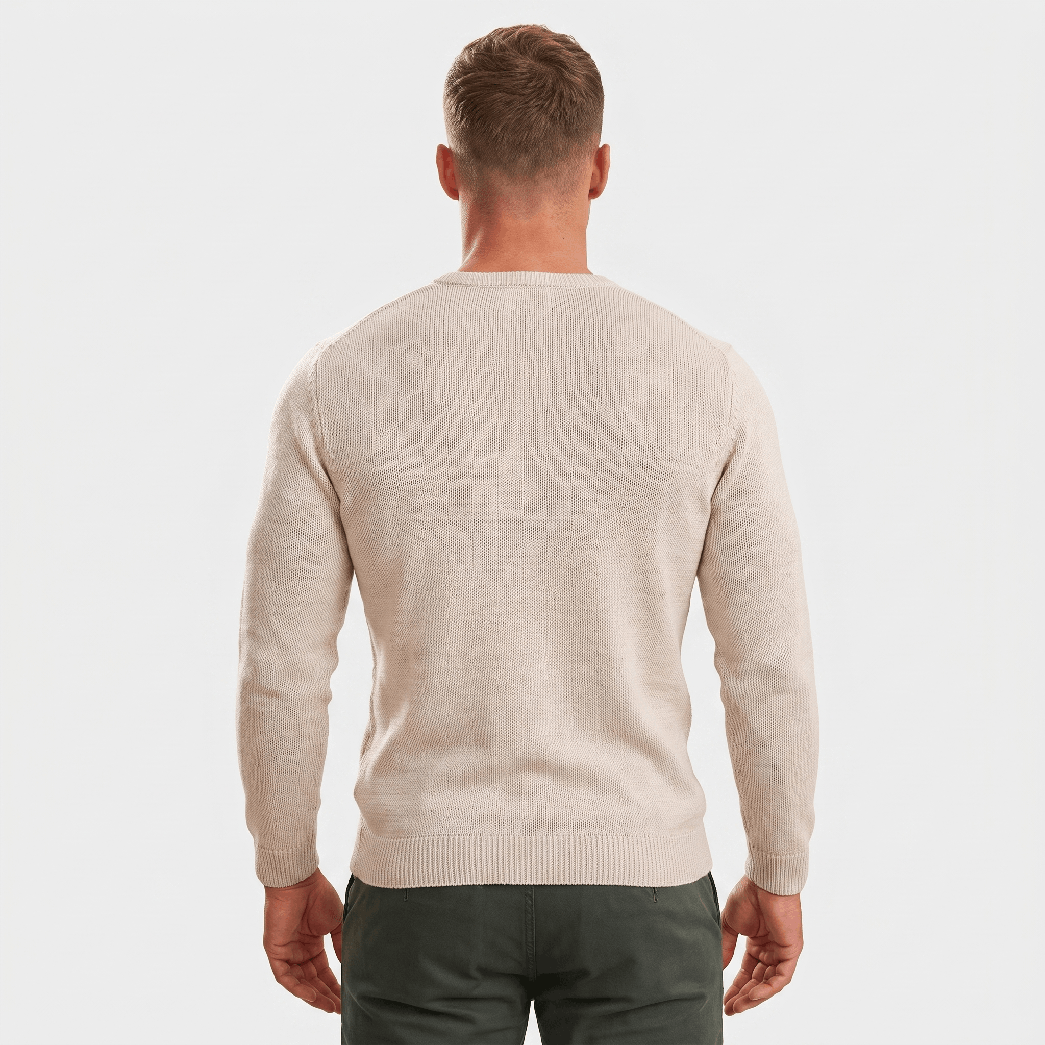 Back view of a men's cream waffle knit Henley sweater with a classic fit, ribbed hem, and long sleeves.