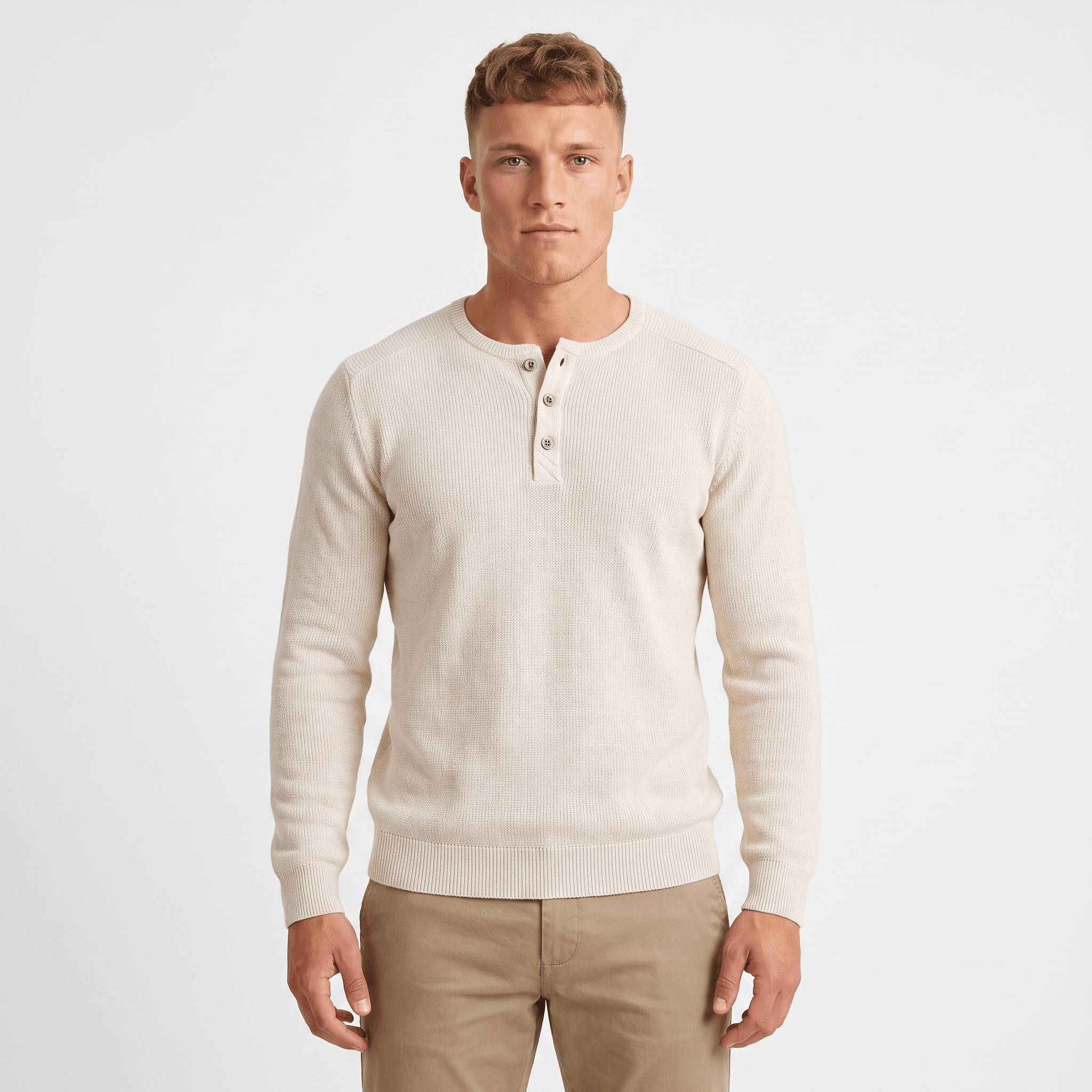 Man wearing a cream waffle knit Henley sweater with a three-button placket, ribbed cuffs, long sleeves, and a classic fit.