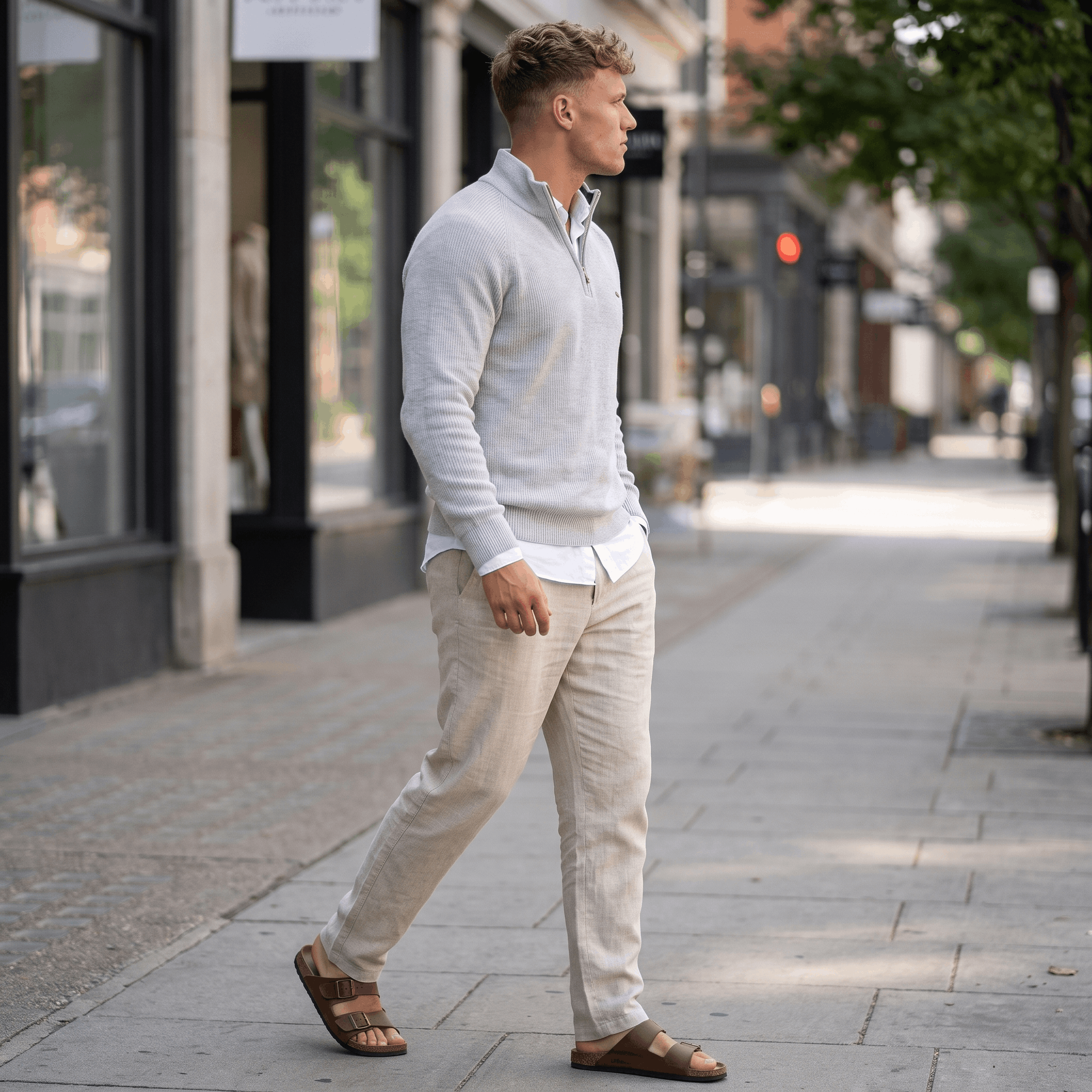 Man wearing a light gray ribbed quarter-zip knit sweater with light-colored trousers walking along a city sidewalk.