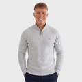 Man wearing a light gray ribbed quarter-zip knit sweater with a stand collar, long sleeves, and a modern slim fit.