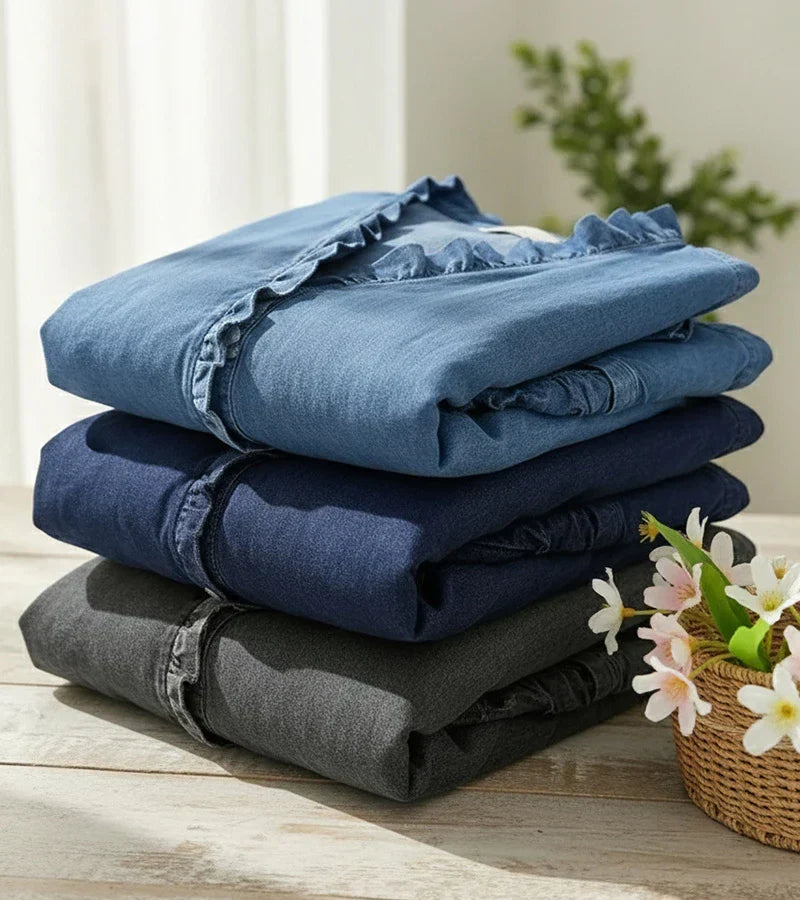 Floraine Women's Denim Ruffle Blouse – Soft V-Neck Top