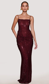 Elegant Mahogany Satin Maxi Dress – Adjustable Straps & Glamorous Diamante Detail 0