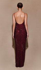 Elegant Mahogany Satin Maxi Dress – Adjustable Straps & Glamorous Diamante Detail 1