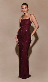 Elegant Mahogany Satin Maxi Dress – Adjustable Straps & Glamorous Diamante Detail 2