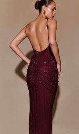 Elegant Mahogany Satin Maxi Dress – Adjustable Straps & Glamorous Diamante Detail 3