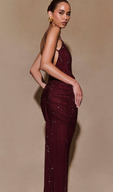 Elegant Mahogany Satin Maxi Dress – Adjustable Straps & Glamorous Diamante Detail 4