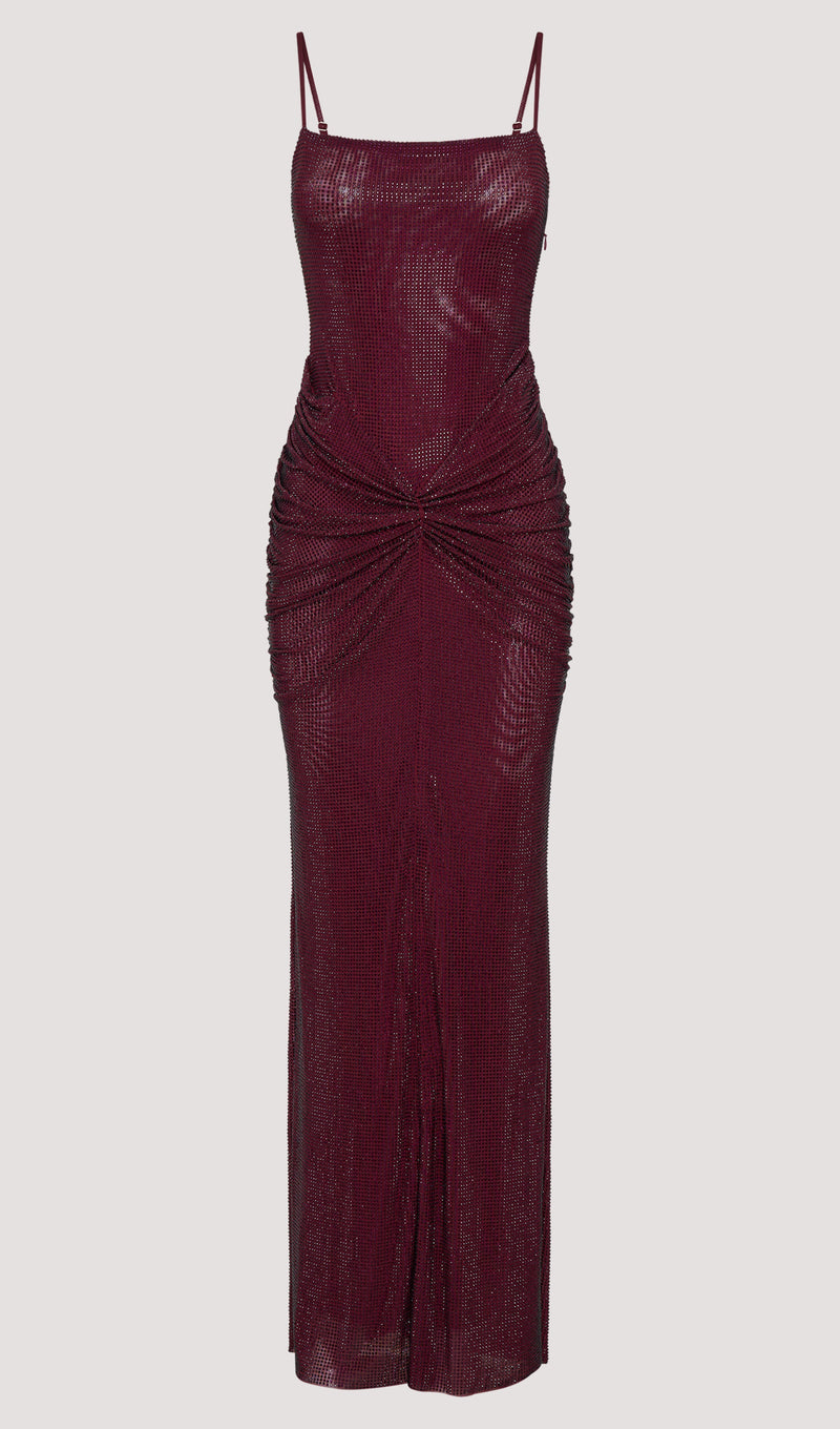 Elegant Mahogany Satin Maxi Dress – Adjustable Straps & Glamorous Diamante Detail 5