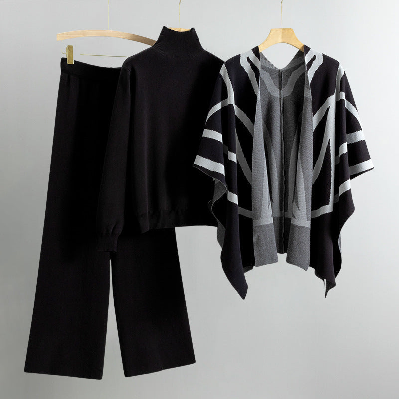 Eleine Women’s Knit Lounge Set – Viscose-Blend Sweater, Cardigan & Wide-Leg Pants