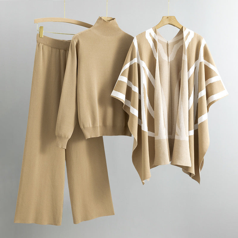 Eleine Women’s Knit Lounge Set – Viscose-Blend Sweater, Cardigan & Wide-Leg Pants