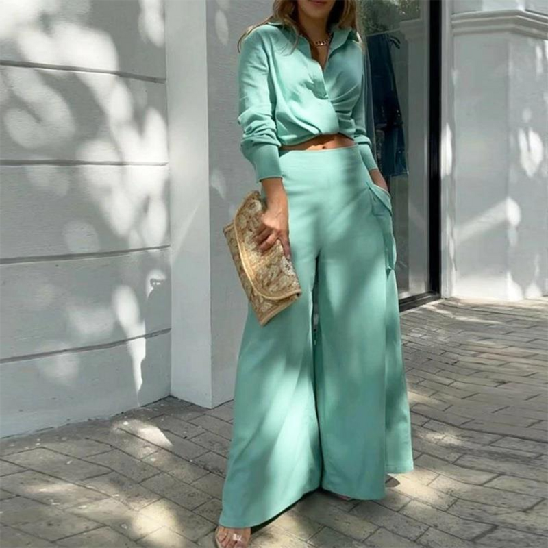 Selena Women’s Linen Set – Two Piece Linen Set with Wrap Crop Top & Wide-Leg Pants