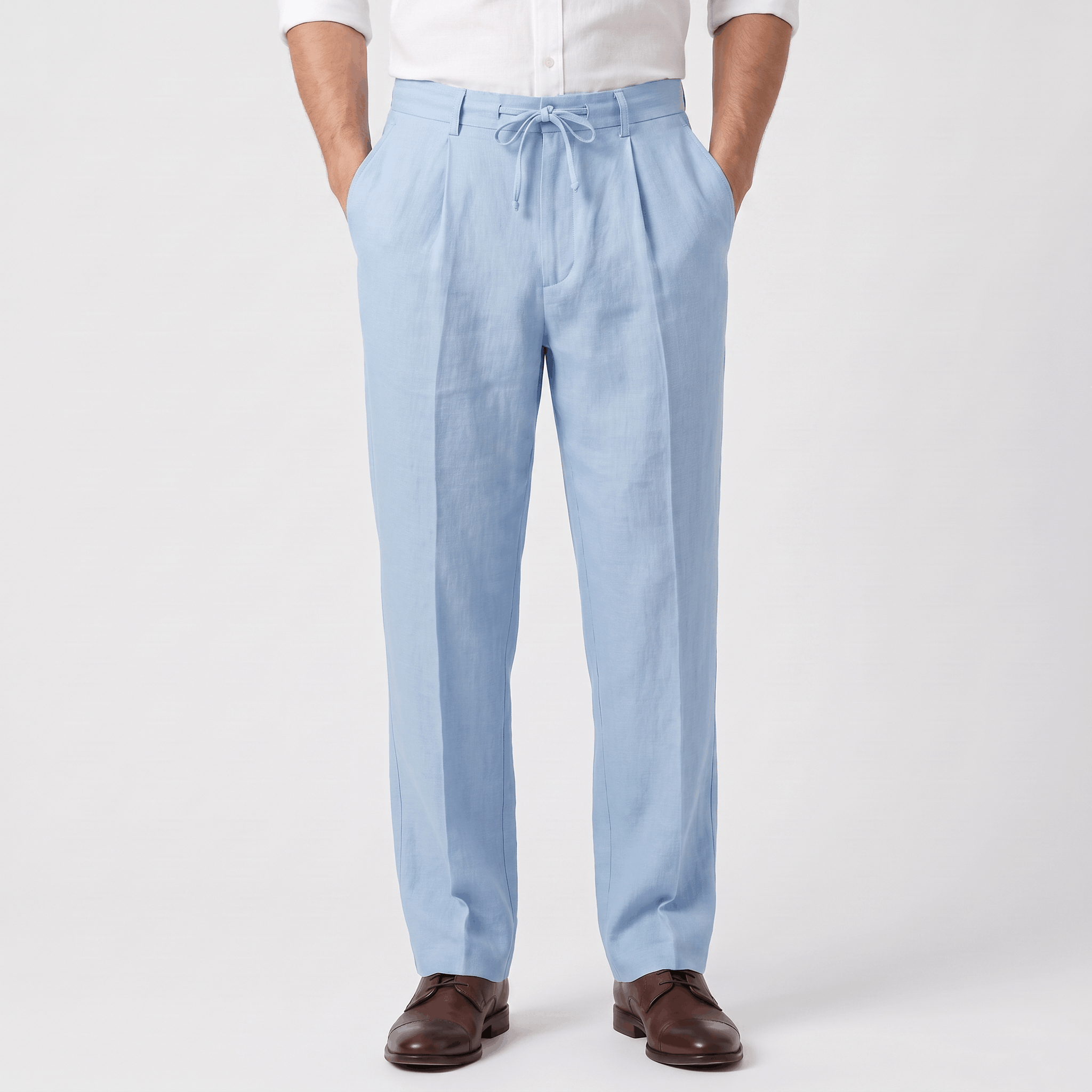 Men's light blue linen drawstring pants with a relaxed straight-leg fit, elastic waistband, and adjustable drawstring.