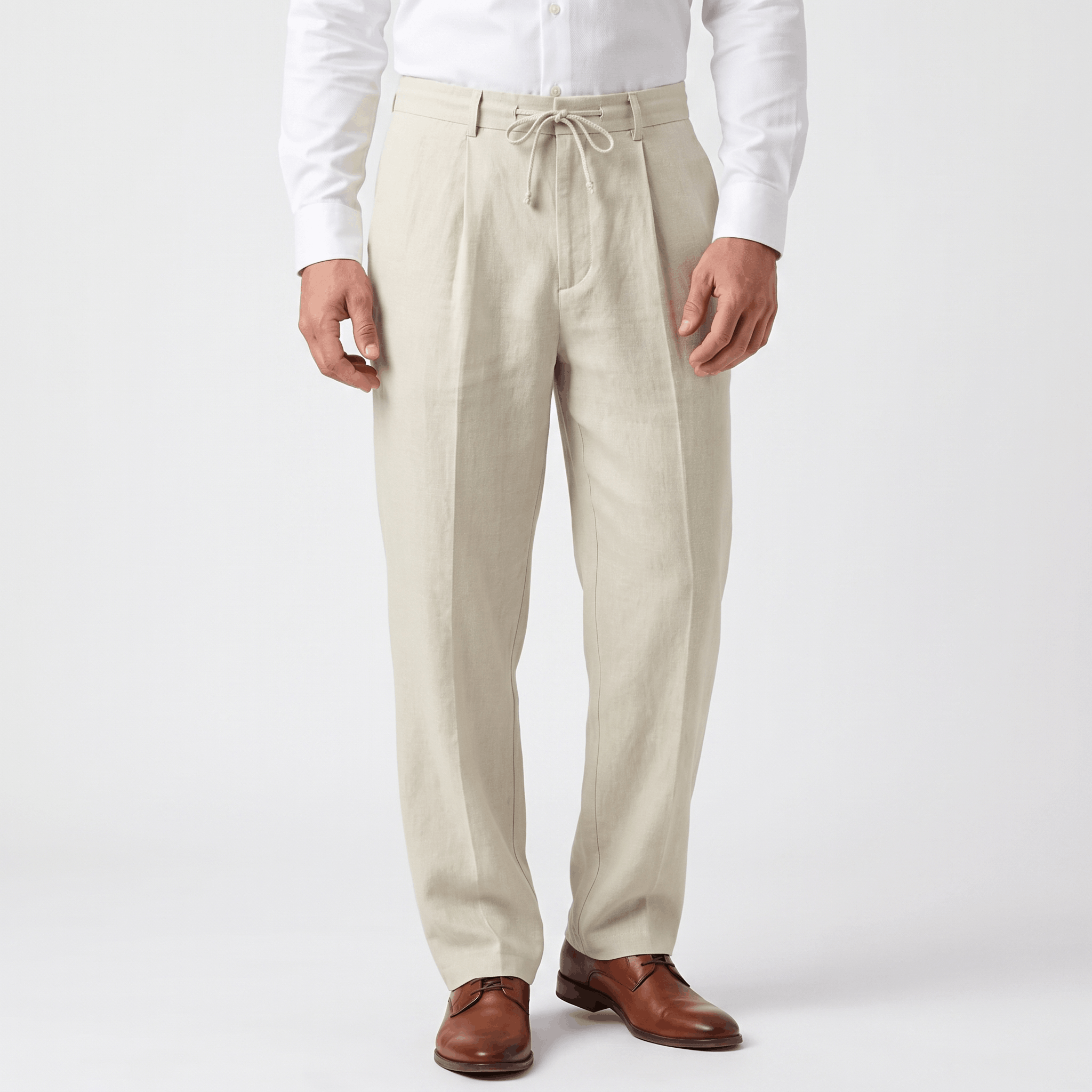 Men's cream linen drawstring pants with a relaxed straight-leg fit, elastic waistband, adjustable drawstring, and side pockets.