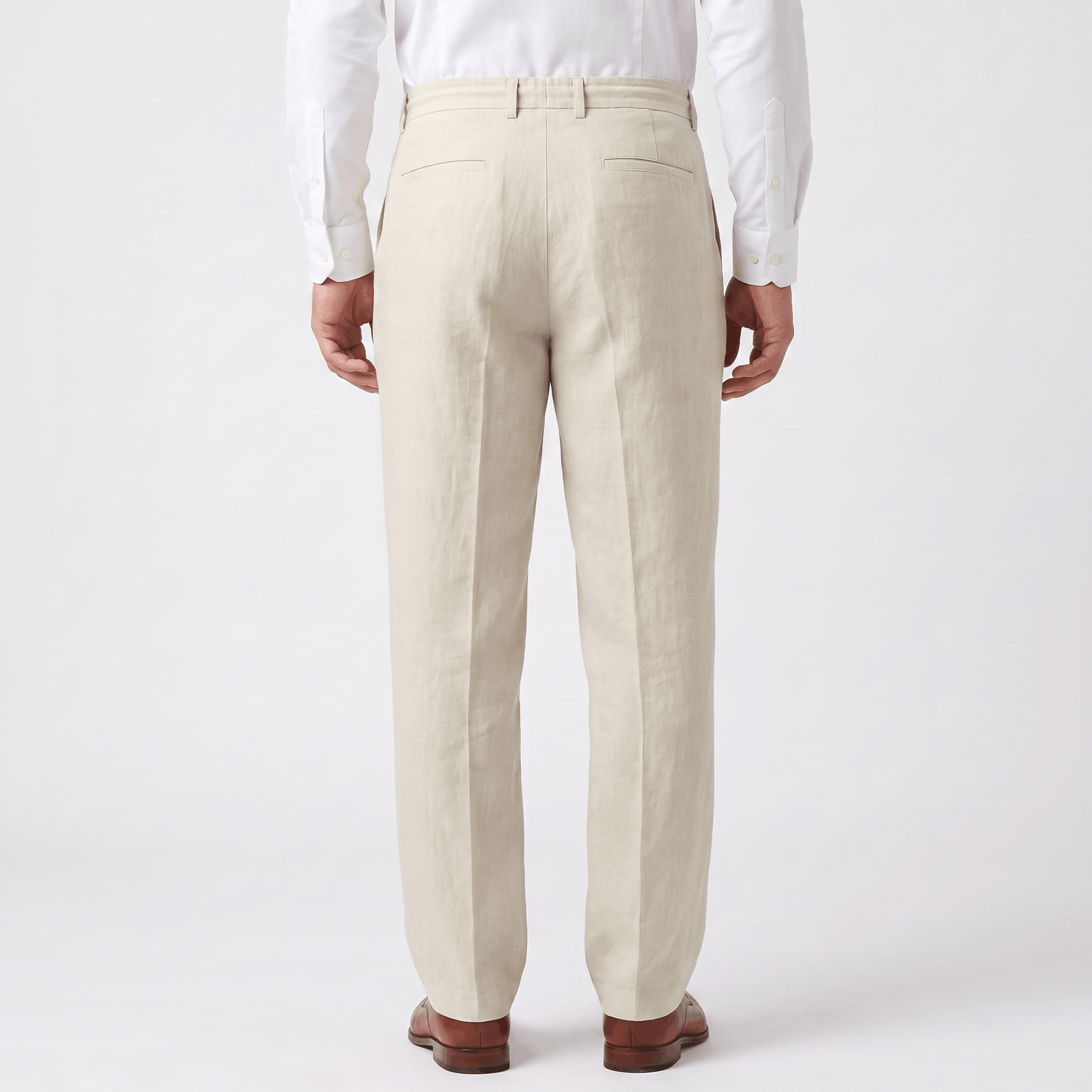 Back view of men's cream linen drawstring pants with an elastic waistband, straight-leg fit, and breathable linen fabric.
