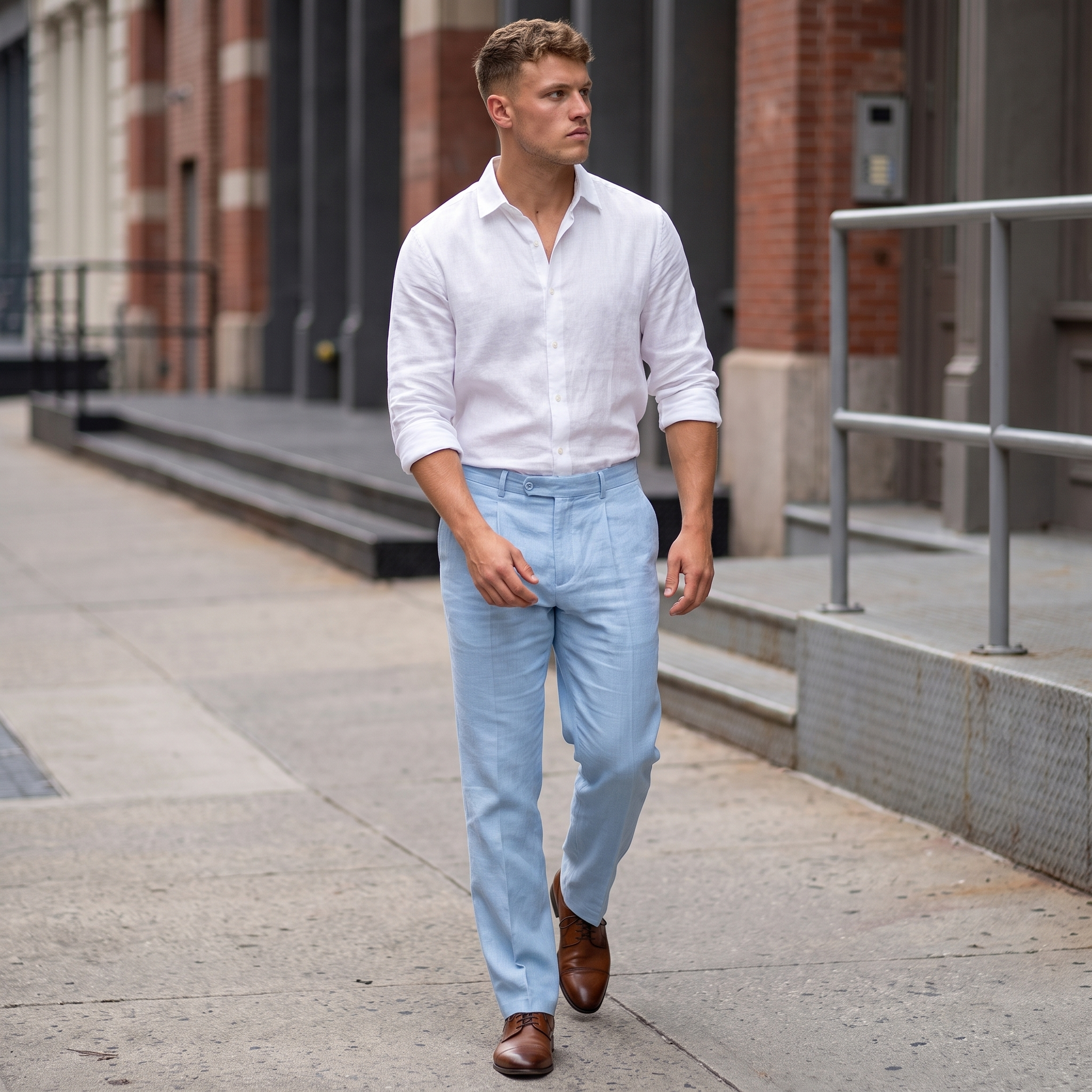 Man wearing light blue linen trousers with a tailored straight-leg fit, a white long-sleeve linen button-up shirt, and brown leather dress shoes while walking in an urban street setting.