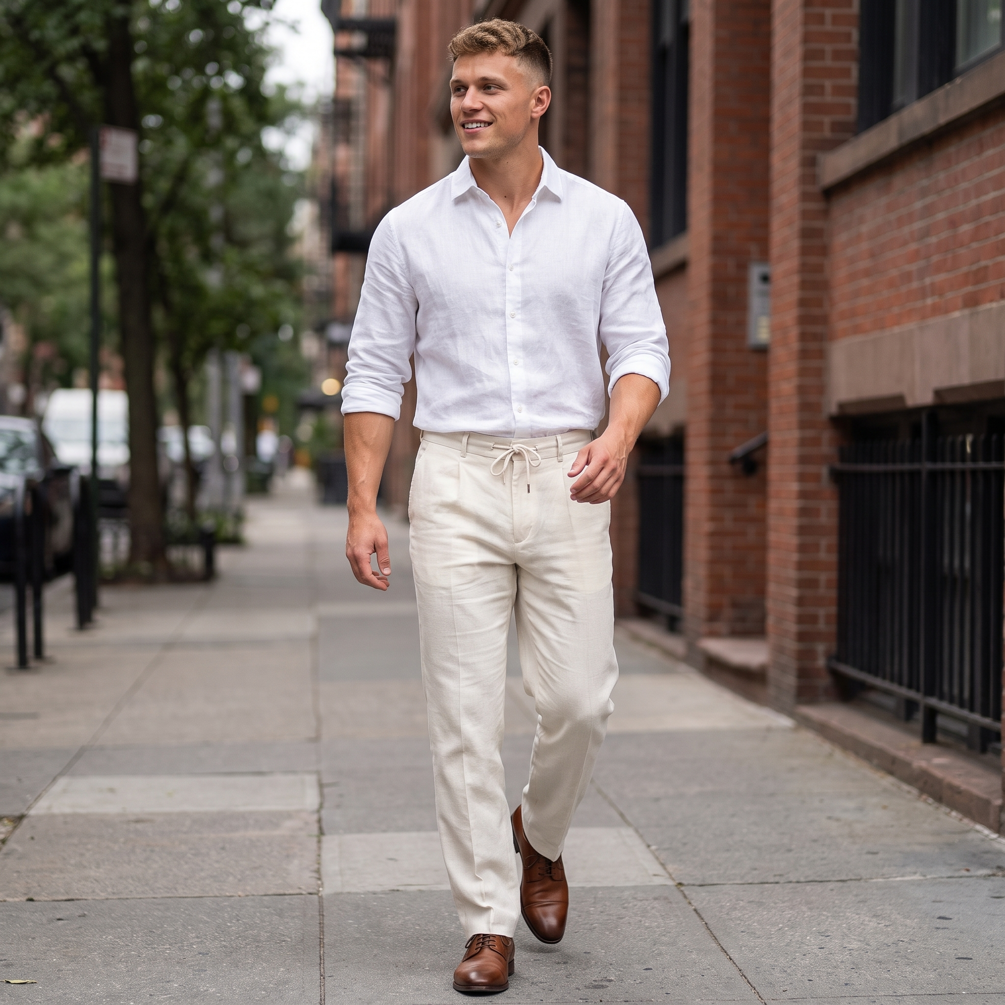Man wearing cream linen drawstring pants with a relaxed straight-leg fit, a white long-sleeve linen button-up shirt, and brown leather dress shoes while walking along a city sidewalk.