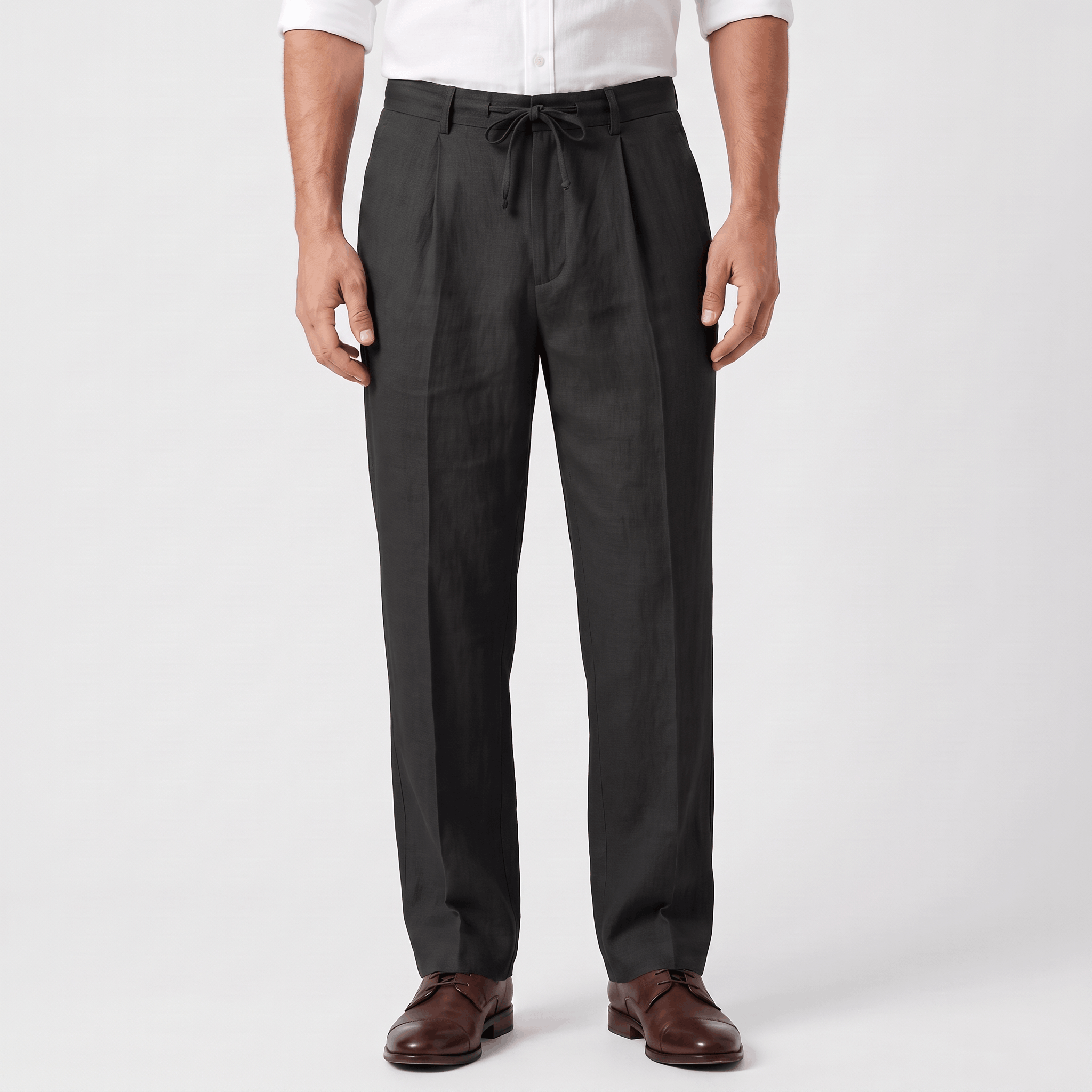 Men's black linen drawstring pants with a relaxed straight-leg fit, elastic waistband, and side pockets.
