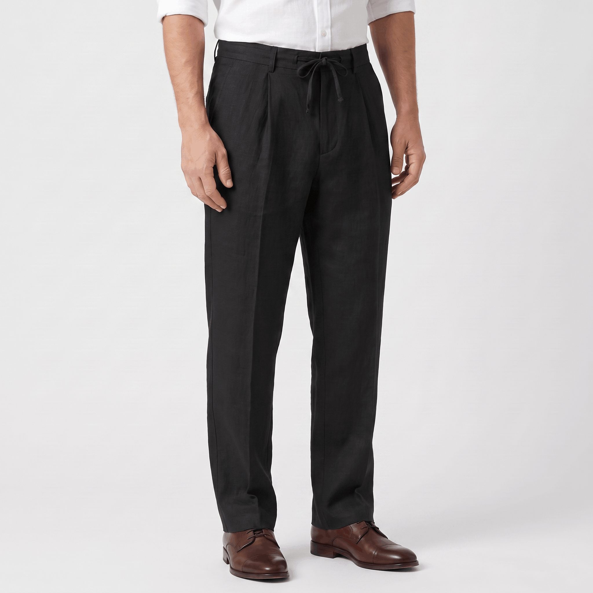 Side view of men's black linen drawstring pants featuring a straight-leg silhouette, adjustable drawstring, and breathable linen fabric.