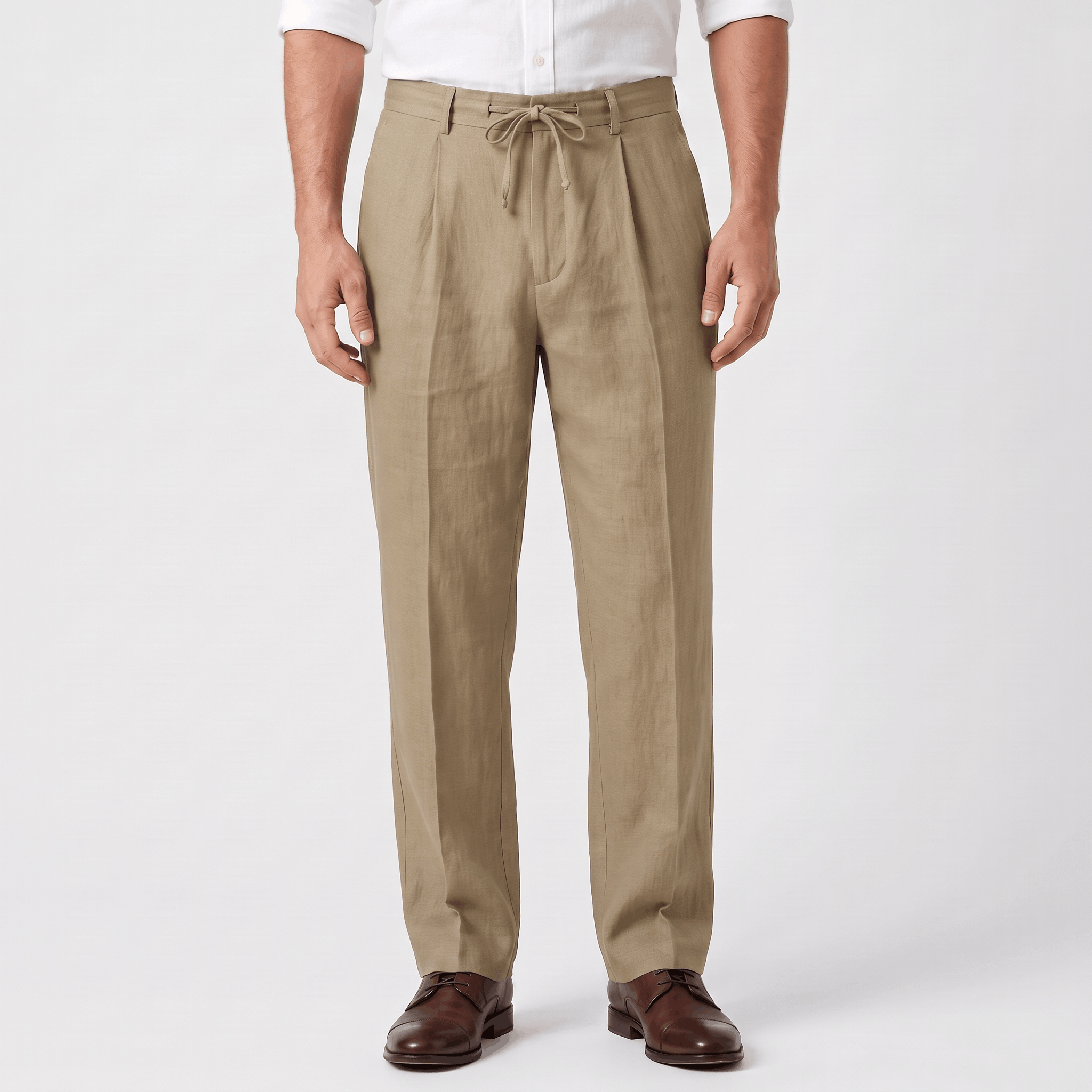 Men's khaki linen drawstring pants with a relaxed straight-leg fit, elastic waistband, adjustable drawstring, and side pockets.