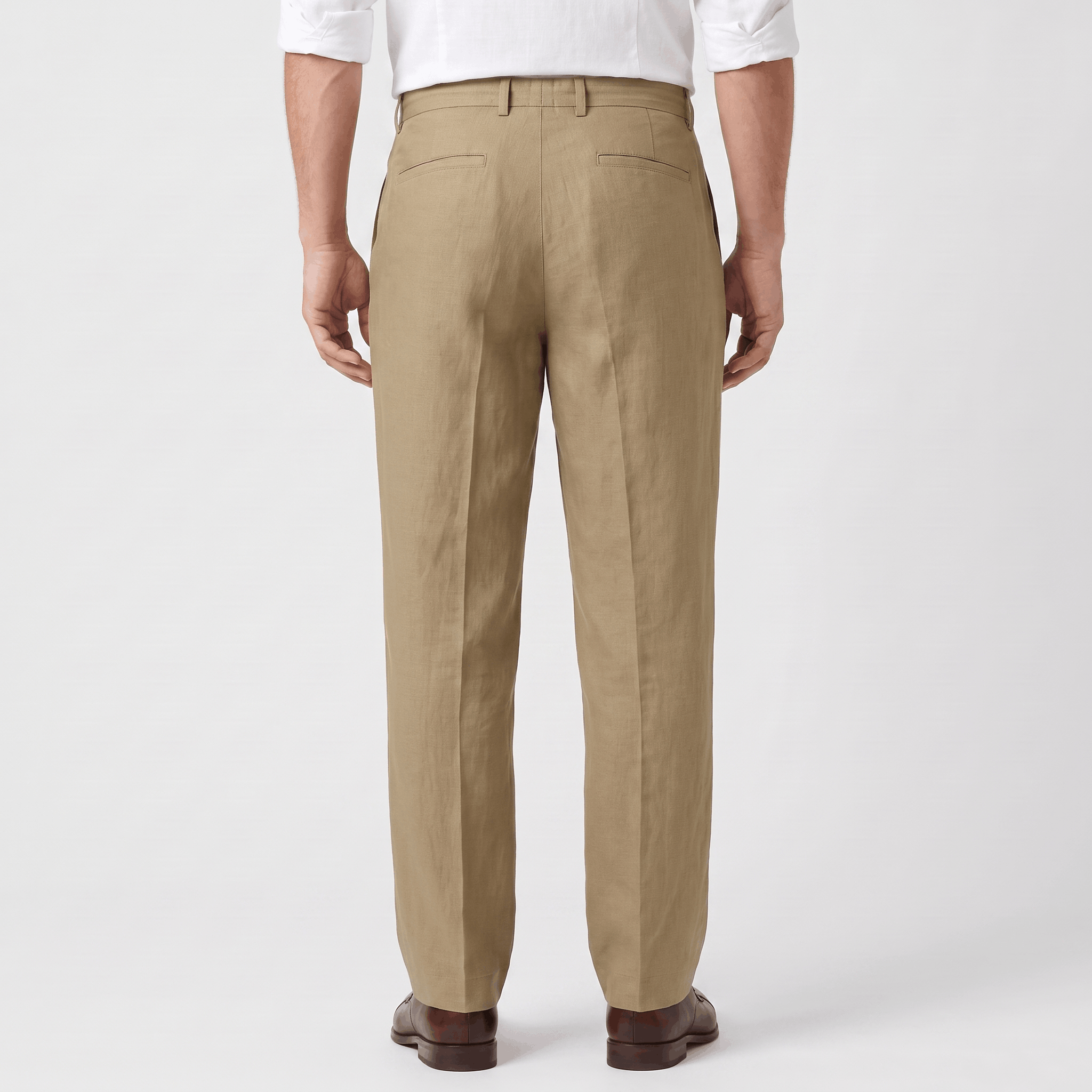 Back view of men's khaki linen drawstring pants with an elastic waistband and breathable linen construction.