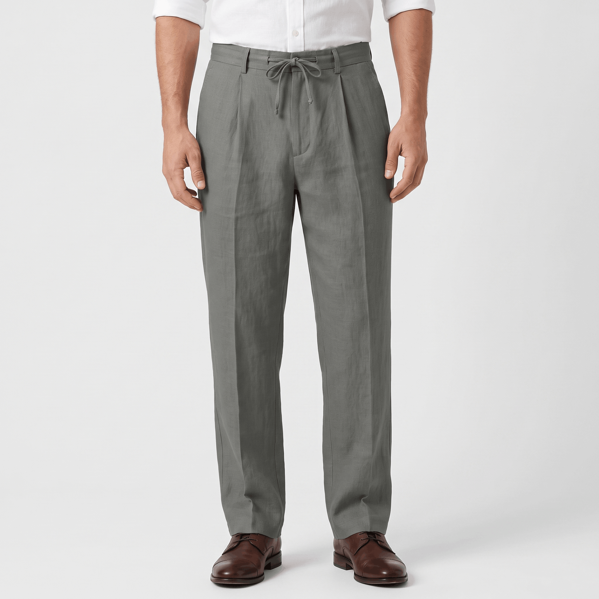 Men's gray linen drawstring pants with a relaxed straight-leg fit, elastic waistband, adjustable drawstring, and side pockets.