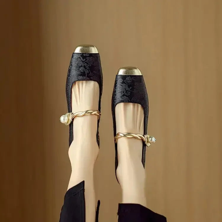 Evelyn White Heels – Twisted Pearl Strap & Low Rhinestone Block 1