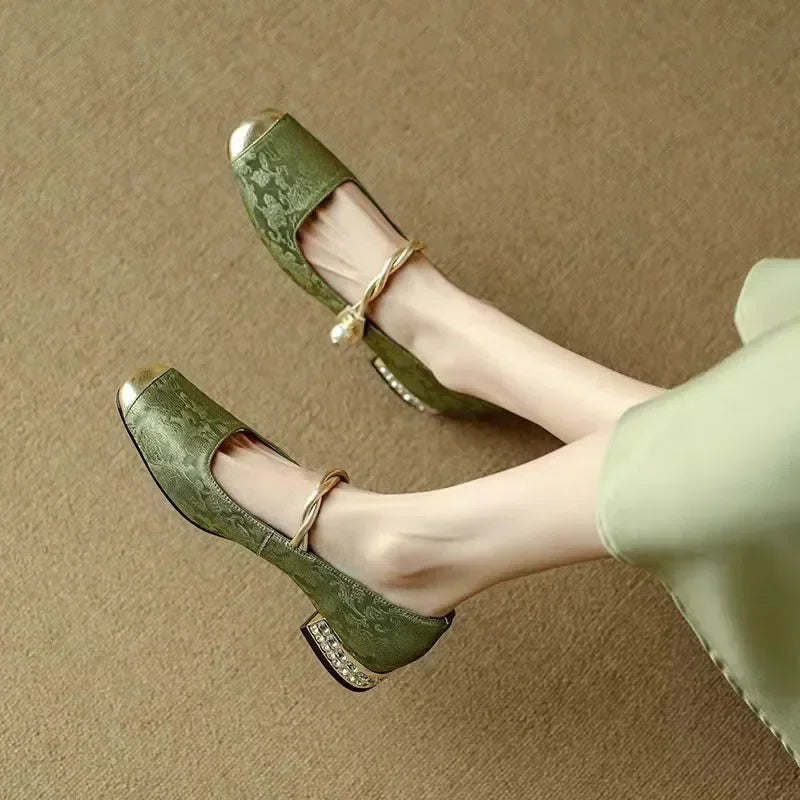 Evelyn White Heels – Twisted Pearl Strap & Low Rhinestone Block 6