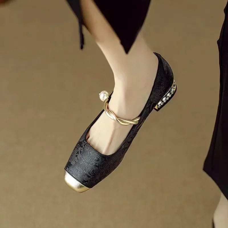 Evelyn White Heels – Twisted Pearl Strap & Low Rhinestone Block 7