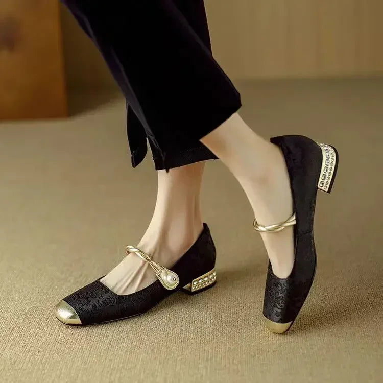Evelyn White Heels – Twisted Pearl Strap & Low Rhinestone Block 8
