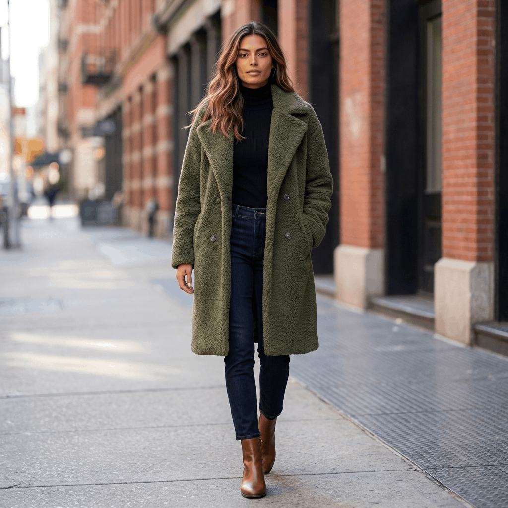 Woman wearing an olive green long coat with blue jeans and brown ankle boots while walking along a city sidewalk.