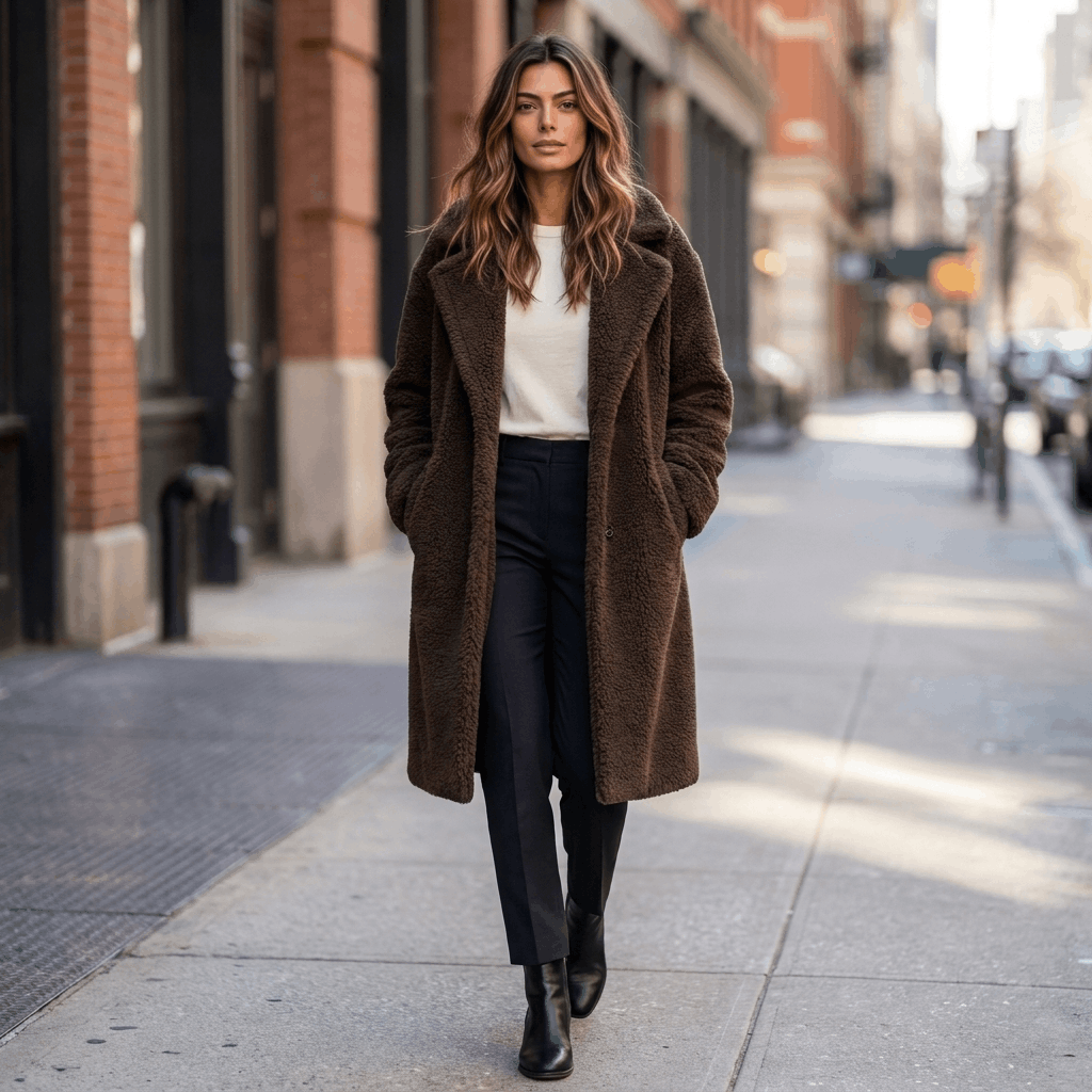 Woman wearing a dark brown long coat over a light top and blue jeans while walking along a city street.