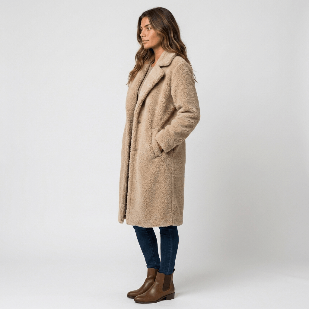 Side view of a woman wearing a beige long wool coat with wide lapels, side pockets, and tailored fit over a black top and blue jeans.