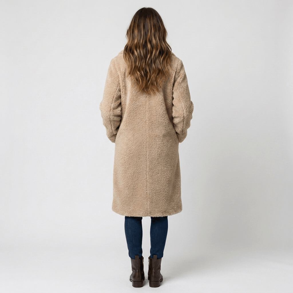 Back view of a woman wearing a beige long wool coat with a structured silhouette and long sleeves.