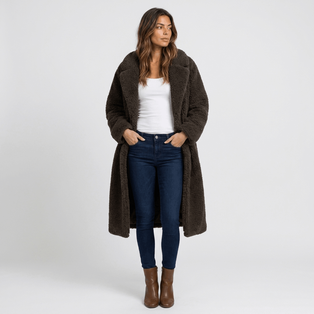 Woman wearing a dark brown long coat over a white top and blue jeans, shown from the front.