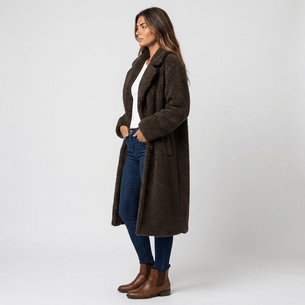 Side view of a woman wearing a dark brown long coat with a tailored silhouette, paired with blue jeans and brown ankle boots.