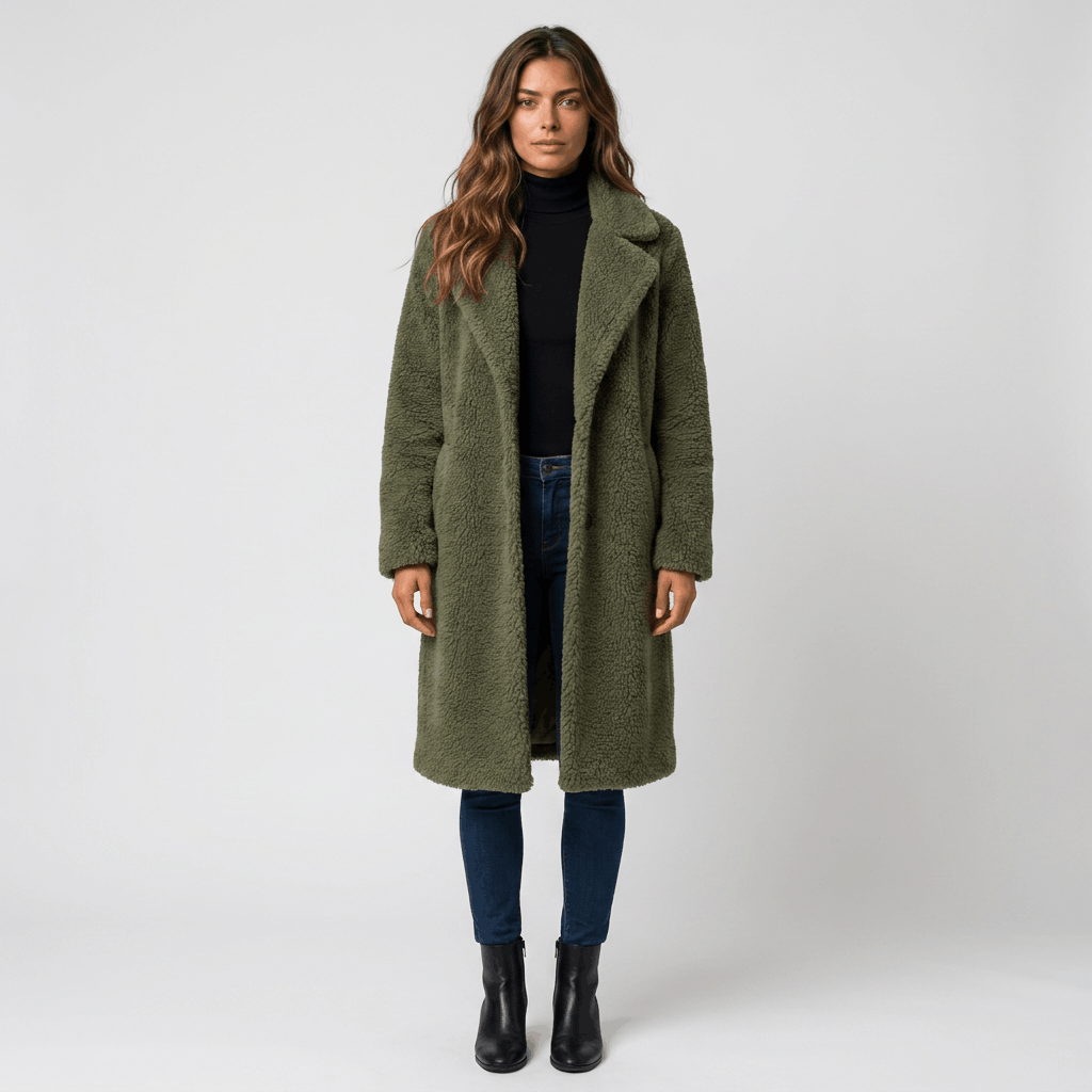 Woman wearing an olive green long coat with a dark inner layer, blue jeans, and brown ankle boots.