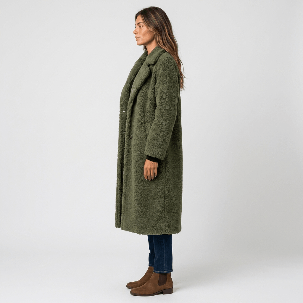 Side view of a woman wearing an olive green long coat with a structured silhouette and long sleeves.