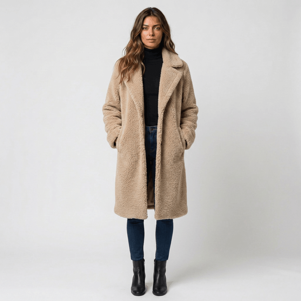 Woman wearing a beige long wool coat with wide lapels, front button closure, side pockets, and tailored silhouette over a black turtleneck, blue jeans, and black ankle boots.