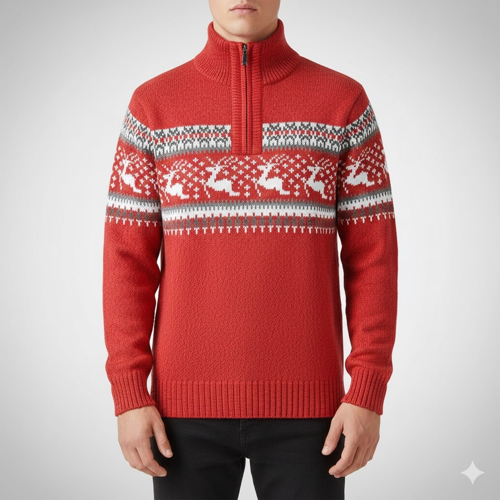 Aldrey Men's Christmas Sweater – Wool Knit Quarter-Zip Pullover
