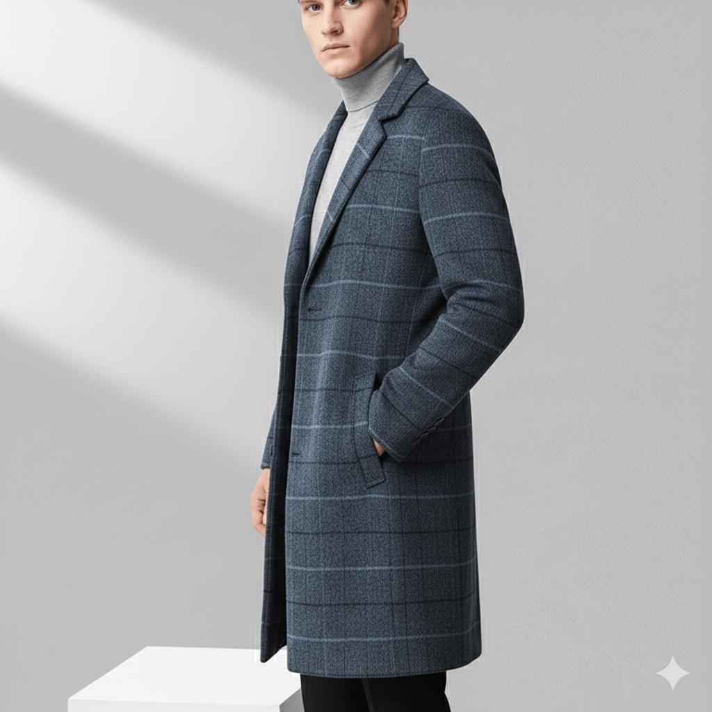 Aldric Men’s Wool Coat – Windowpane Overcoat with Structured Mid-Length Design