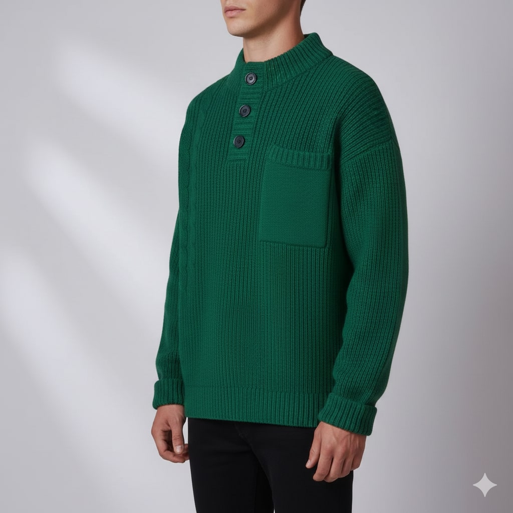 Julian Men’s Cable Knit Pullover – Soft O-Neck Sweater with Button Detail