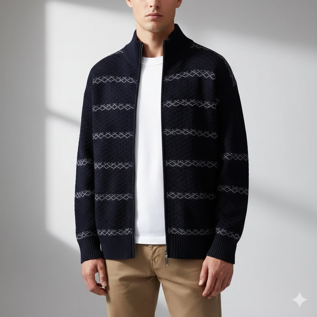 Craig Men’s Zip-Up Cardigan – Textured Knit Sweater with Stand Collar